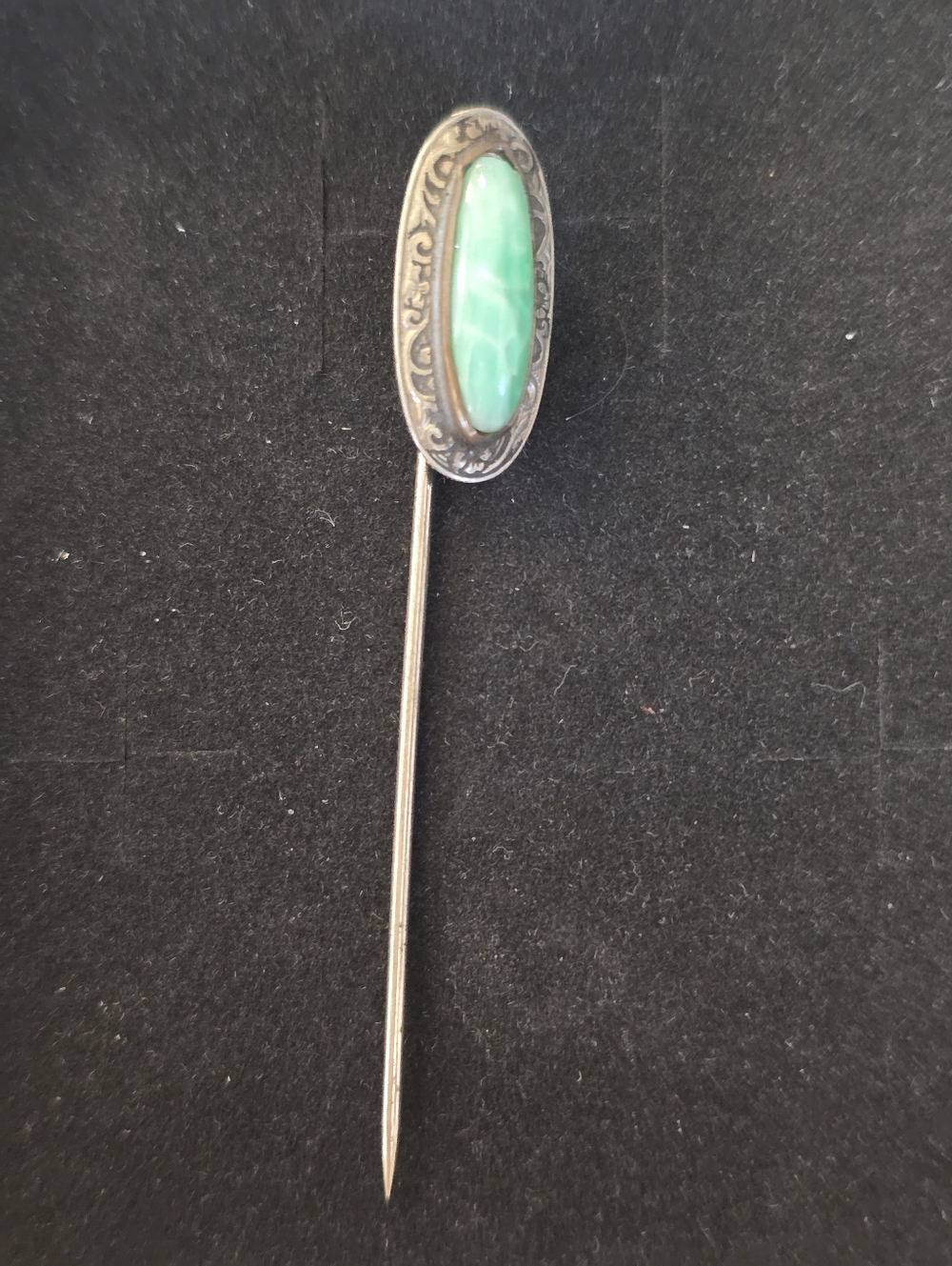 Antique 20s Sterling Silver Stick Hat Pin with Peking Green Stone Victorian READ